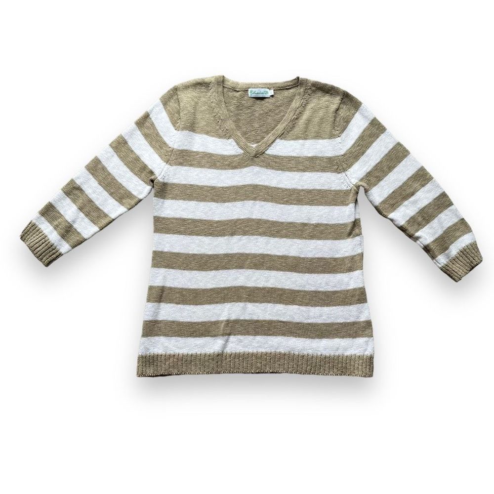 Lulu-B Size Large Tan beige white stripe 3/4 sleeve sweater v neck top shirt